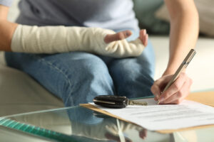 close up of a lady hands with broken arm signing insurance document after car accident at home